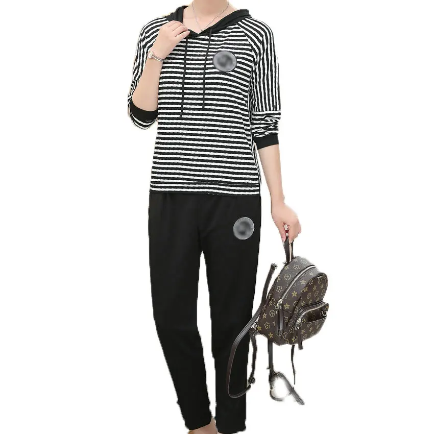 Women Casual 2 Pieces Pants Set Black White Stripe Top And Capris Suit Sets Woman Hoodies And Black Trouser Sets Ensemble Femme