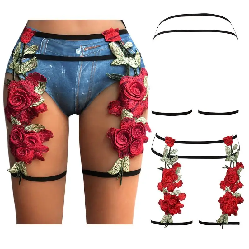 Женские сексуальные брюки с высокой талией, подвязка для тела, Вышивание роза цветок, аппликация в виде листьев, эластичное нижнее белье с ремешками, пояс для подвязки