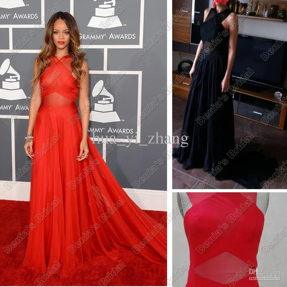 Знаменитости Rihanna Grammy Awards Red Carpet Sheer Холтер Реалистичные Фотографии поли шифон Платья для подружек невесты