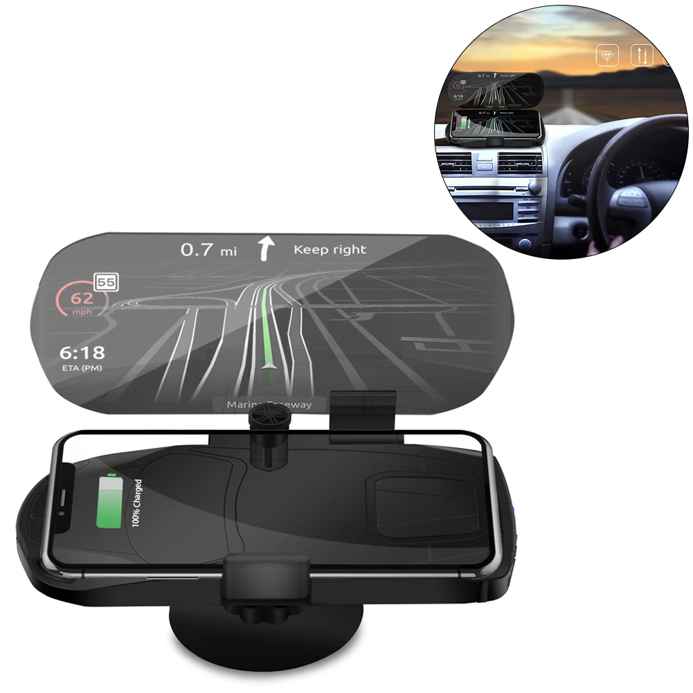 

Qi Wireless Charger Car HUD Holder for iPhone X XS Max XR 8+ Samsung S10 Head Up Navigation LED Indicator Display Charging Dock