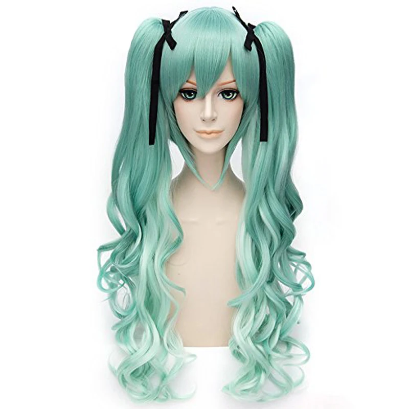 

Double Clip Ponytails + Vocaloid Cosplay Wigs Hatsune Miku Green Aquamarine Long Natural Body Wave Anime Costume Wig +Hair Cap