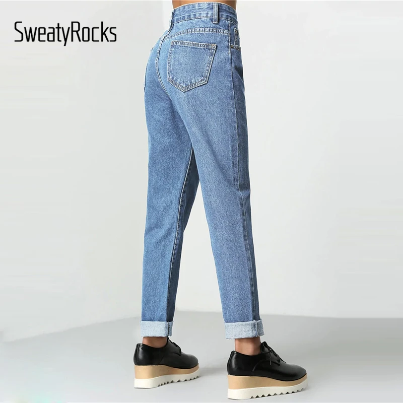 SweatyRocks Rolled Up Mom Jeans Streetwear Women Casual Loose Solid Pants And Trousers 2019 Spring Zipper Fly Basics Jeans SweatyRocks Rolled Up Mom Jeans Streetwear Women Casual Loose Solid Pants And Trousers 2019 Spring Zipper Fly Basics Jeans