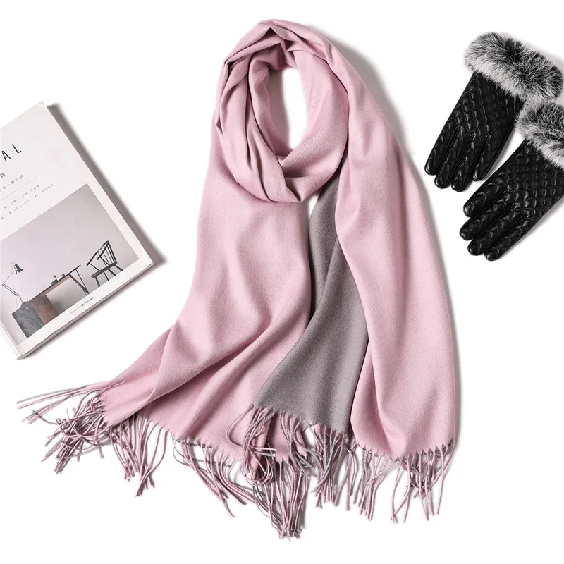 Шарф в двух цветах, зимний шарф для женщин, толстые теплые шали и палантины, однотонные кашемировые шарфы, двухсторонние удобные кисточки из пашмины - Цвет: 19