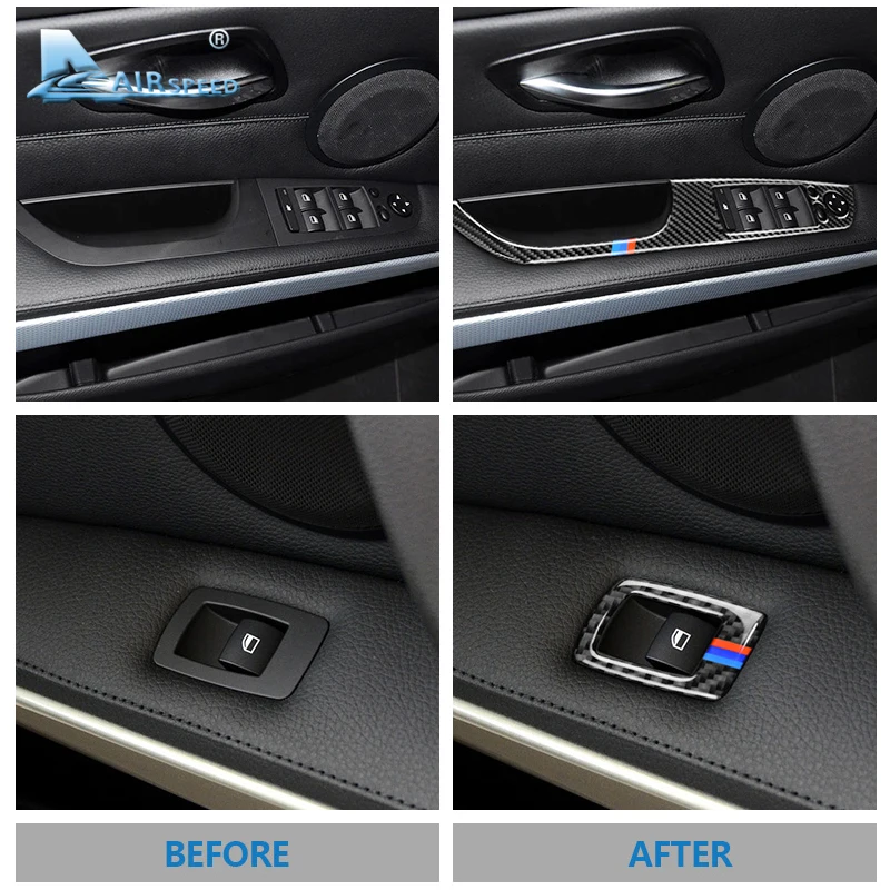 Tanie Airspeed 4 sztuk dla BMW serii 3 E90 E93 akcesoria LHD wnętrza samochodu drzwi z włókna węglowego panel z przełącznikiem szyb pokrywa wykończenia Car Styling