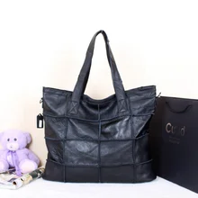 Freies verschiffen Echtes leder rindsleder patchwork plaid frauen handtasche eine umhängetasche große frauen aus echtem leder schwarz big