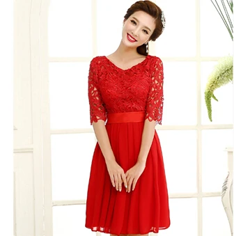 Скромные длиной до колен элегантное кружевное платье для женщин средства ухода за кожей шеи платья для выпускного вечера с длинными рукавами для девочек; Размер 8; женские Элегантное платье красного цвета с короткими W1875 - Цвет: Красный