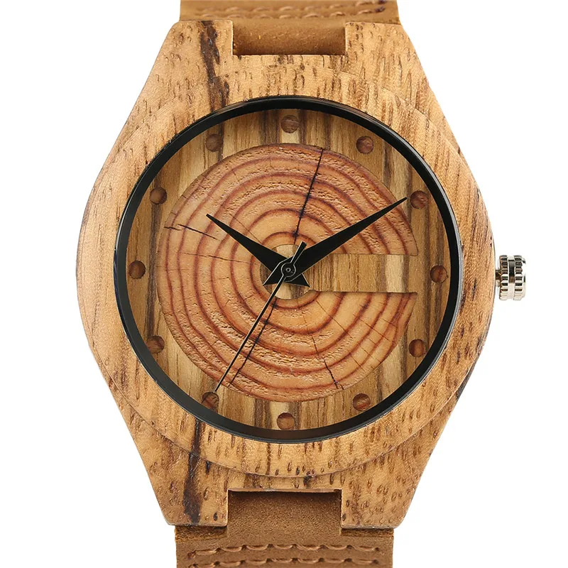 

Wooden Watch Mens Quartz Wristwatch Annual Ring Design Double Layer Design Dial Unique Men's Watches with Brown Leather Strap