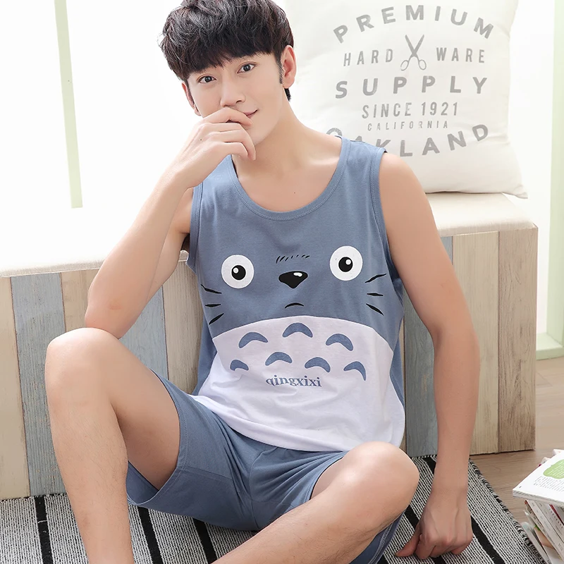 2018 Summer Men's Pajamas Cotton Sleeveless Sleep Tank & Shorts Suit