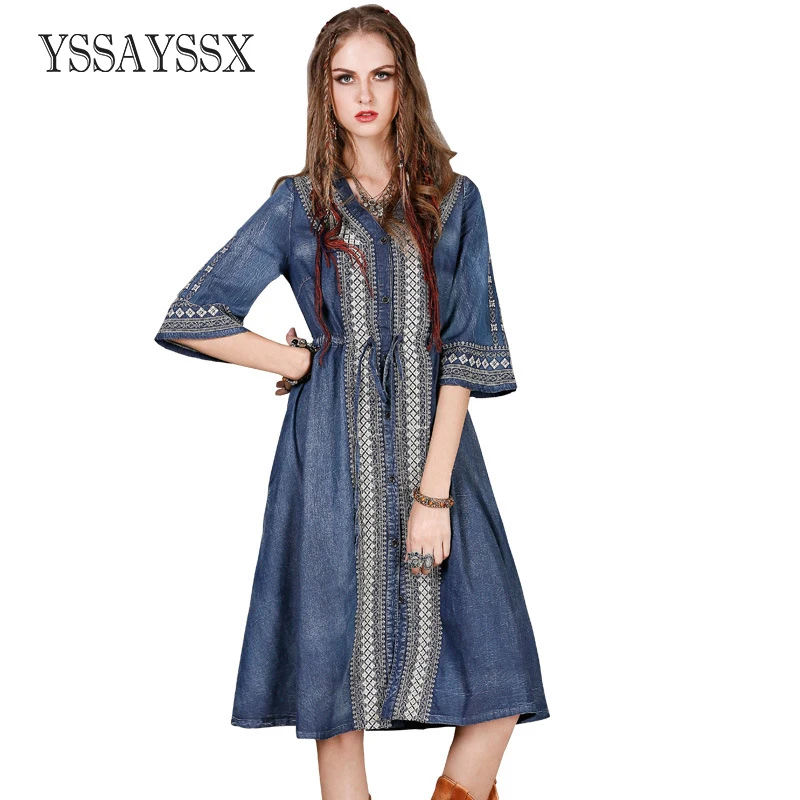 

YSSAYSSX Ethnic Style Embroidery Drawstring Casual Dress V-neck Mid-Waist Denim Dress Vintage Solid Color Mid Sleeve Denim Dress