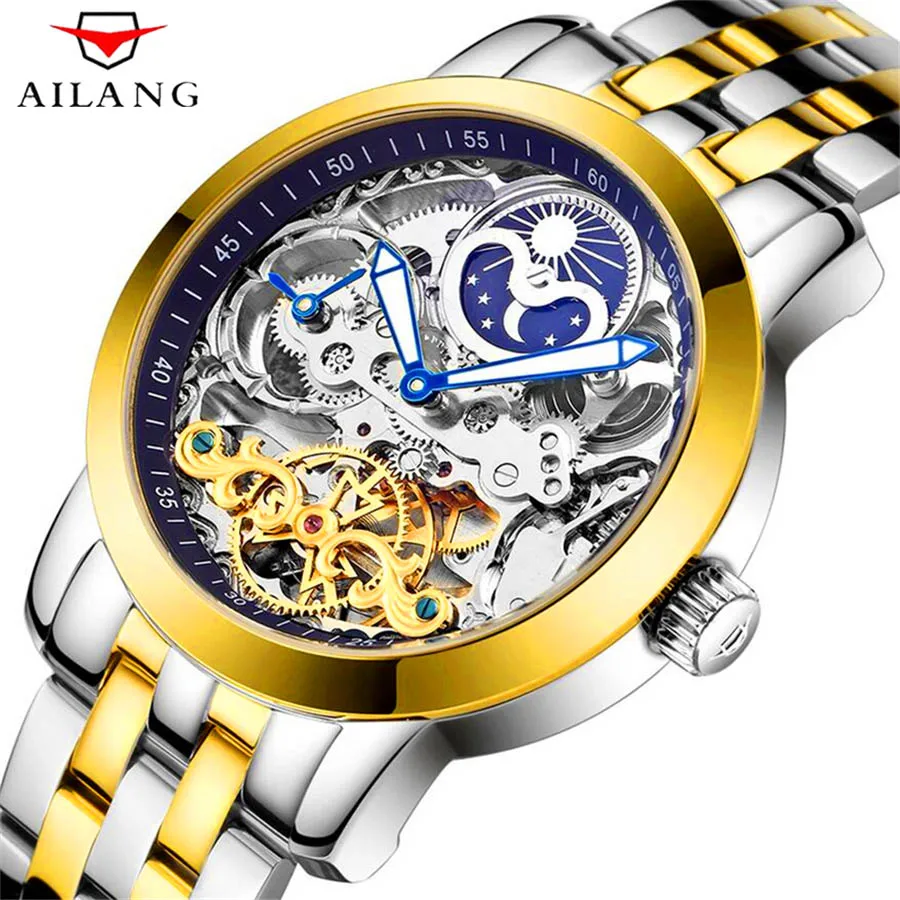 AILANG Skeleton Tourbillon модные повседневные дизайнерские механические мужские часы Топ бренд класса люкс автоматические часы мужские часы - Цвет: Black Gold