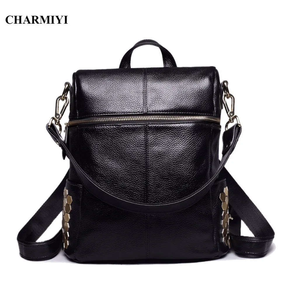 CHARMIYI Genuine Leather rivet women backpacks Students School style bag teenage girls backpack women Fashion Casual Travel bags