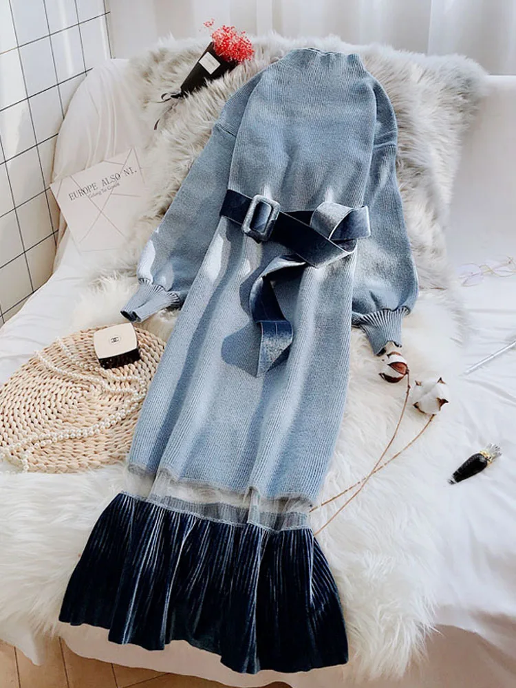

New Spring Fashion Women Knitting Basic Dress High Collar Solid Color Loose Sweater Dress Lantern Sleeve Knitted Dress
