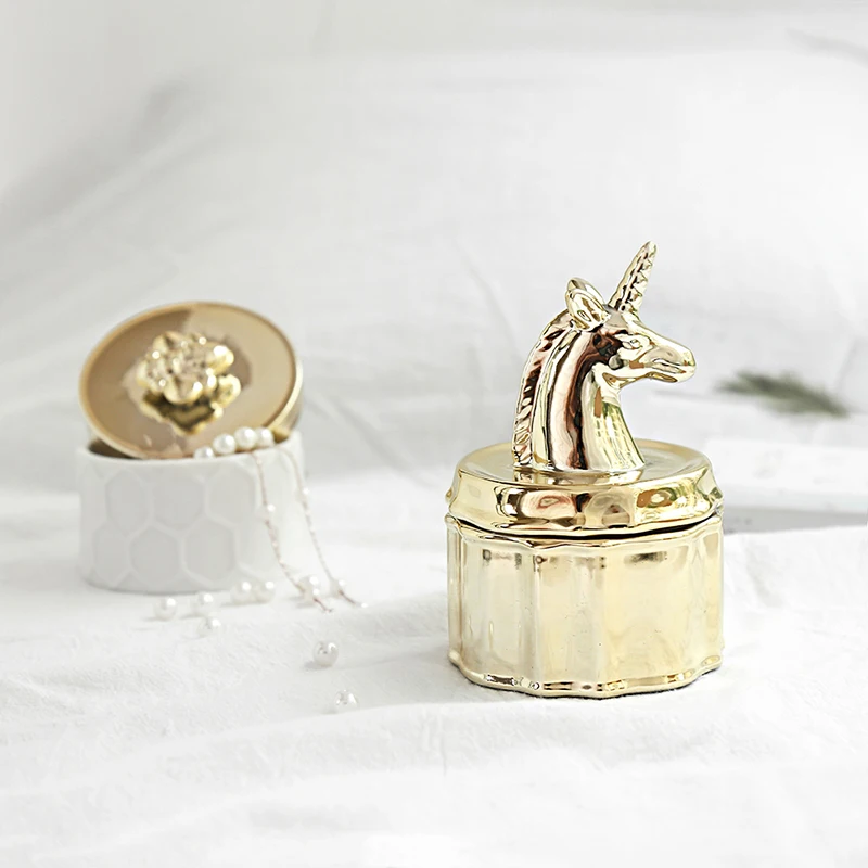 Golden Unicorn Little Bee Jewelry Box  Ceramic Ring Earrings Bracelets Necklaces Organizer Creative Storage Box
