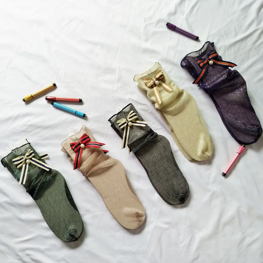 

Wholesale 60pairs Bowknot Pearl Shining Socks Handmade Gold Silver Silk Harajuku Glitter Mesh Funny Socks Women Calcetines Mujer