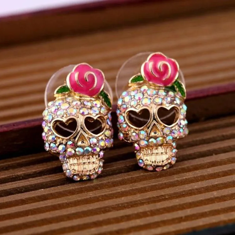 

Punk Style Luxury Princess Skull Earrings Gold Color Red Flower Gift Jewelry Cute Party Earring For Women Fashion Jewelry brinco