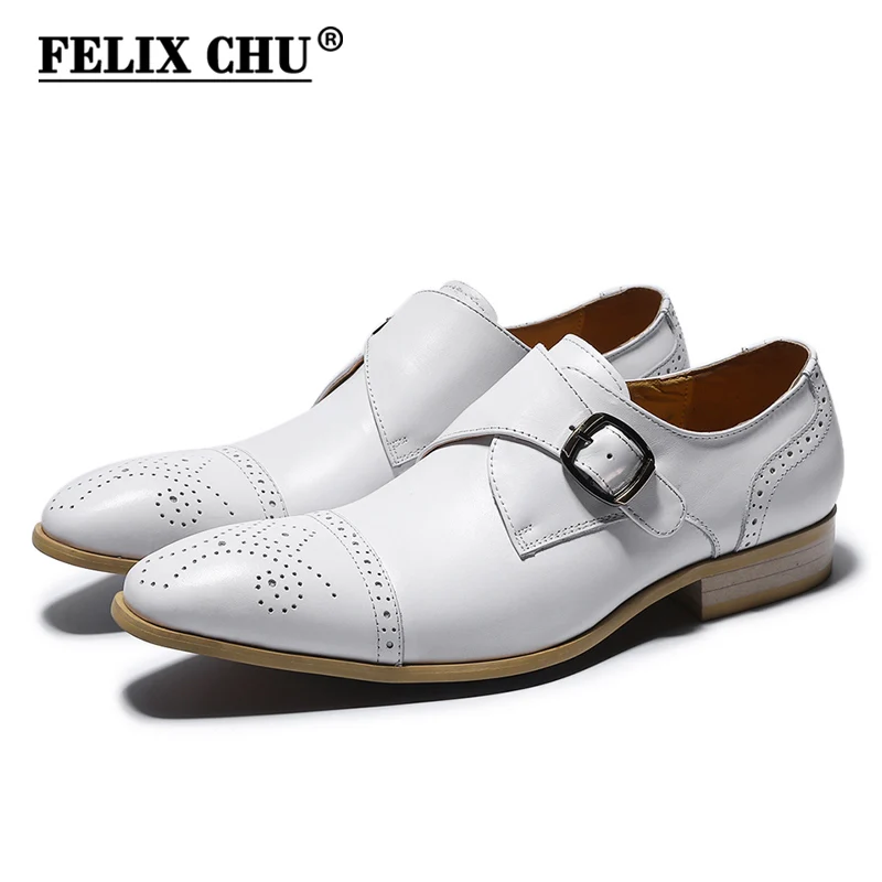 

FELIX CHU Genuine Cow Leather Men Monk Strap Wedding Dress Shoes White Pointed Cap Toe Male Party Footwear 39-45 #E7185-17