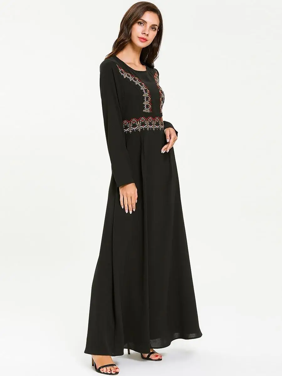 Абая Дубай Кафтан Вышивка Черное Длинное Платье женское мусульманское платье вечерние платье арабское с o-образным вырезом Турция ОАЭ платья Рамадан Мода
