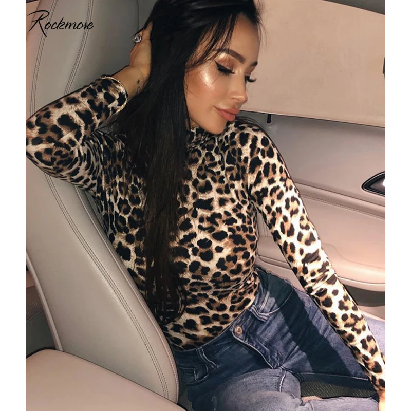 

Rockmore Leopard Printed Long Sleeve Bodysuits Turtleneck Bodysuit Women Bodycon Femme Autumn Skinny Jumpsuit Streetwear Fall