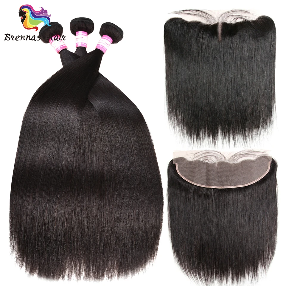

Straight Hair 3 Bundles With 13*4 Frontal closure 100% Brazilian Human Remy Hair Extension for black women natural color
