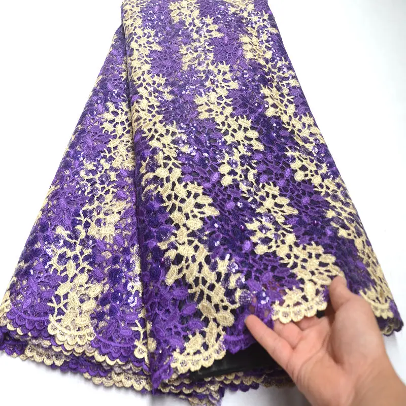 

High Quality Tulle Lace Purple Gold African Lace Fabric With Sequins Beads African French Wedding Lace Fabric RG848