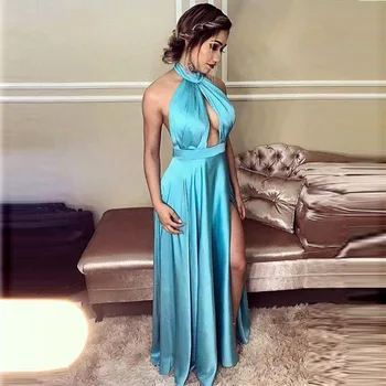 

Evening Dresses Long Halter Satin Sexy Formal Party Gowns Side Split Elegant Prom Evening Dress Robe De Soiree
