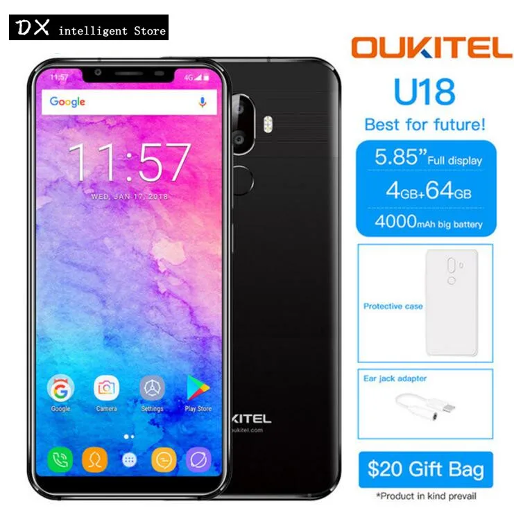 Бесплатный подарок OUKITEL U18 MTK6750T Восьмиядерный 21:9 полный Дисплей 5,85 "HD 4 ГБ Оперативная память 64 ГБ 16.0MP Android 7,0 отпечатков пальцев лицо смартфон