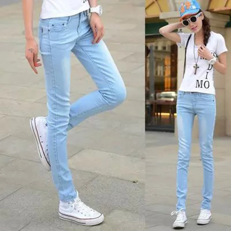 Модные женские Новые однотонные джинсы в корейском студенческом стиле женские брюки стрейч обтягивающие женские узкие брюки карманные