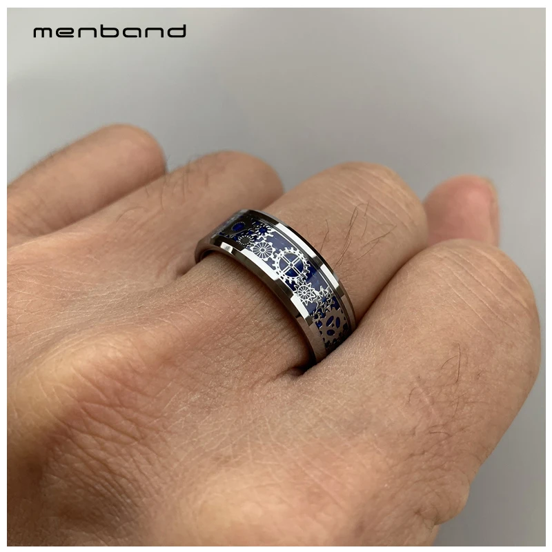 Серебряное обручальное кольцо вольфрамовые кольца с механическим зубчатым колесом и синей инкрустацией из углеродного волокна скошенные края удобная посадка