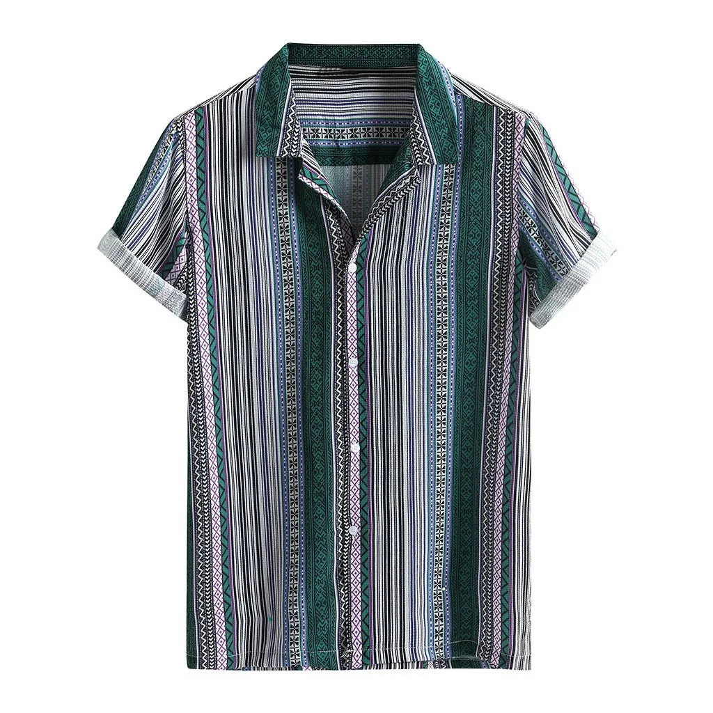 Blouse Shirt Men Rainbow Striped Hawaiian Holiday Short Sleeve Summer Casual Harajuku Top Camisa Hombre Street Clothes 19Je - Цвет: Green