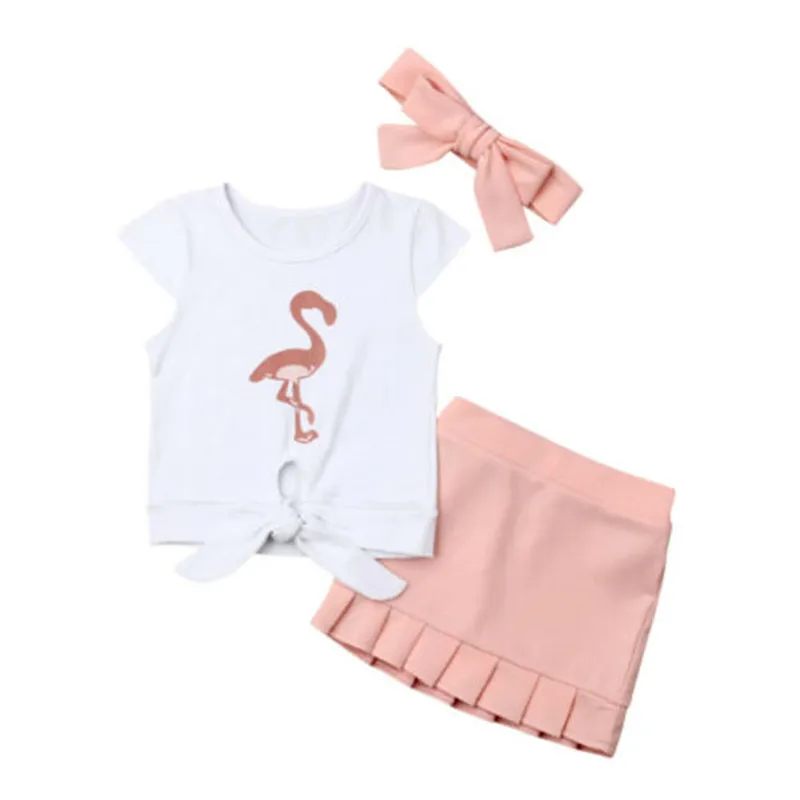 Sweet Baby Girls Summer Clothes Toddler Baby Girls Flamingo Knotted T Shirt Skirt 3Pcs Outfit