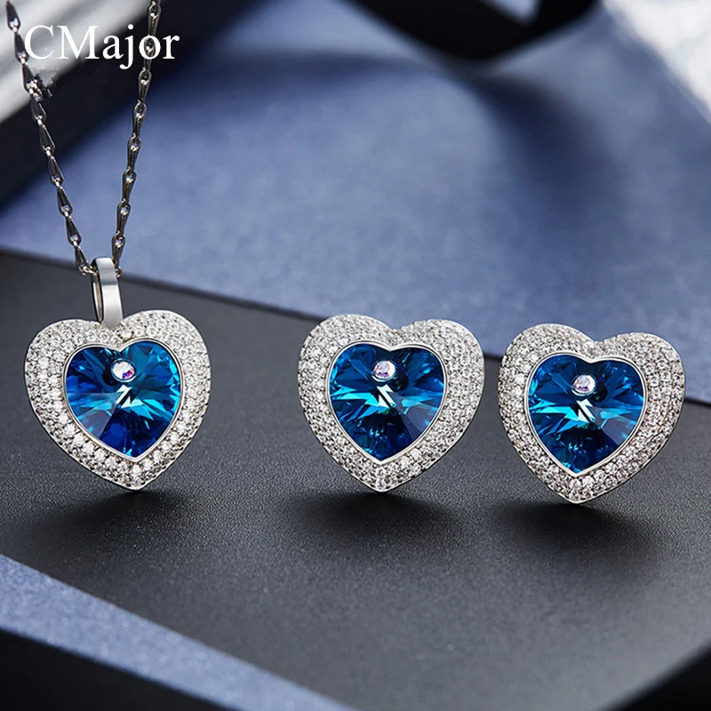 

CMajor Romantic Crystals Jewelry Set for Women Birthday Gifts Heart Pendant Necklace Earrings Made With Purple & Blue Crystals