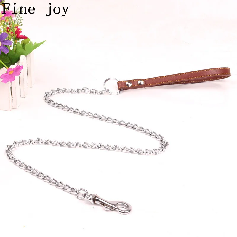 Fine joy Dog Chain Leash Handle Leads PU Leather Iron Chain dog leash