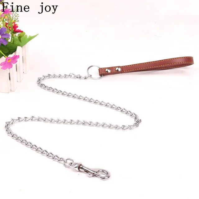 Fine joy Dog Chain Leash Handle Leads PU Leather Iron Chain dog leash