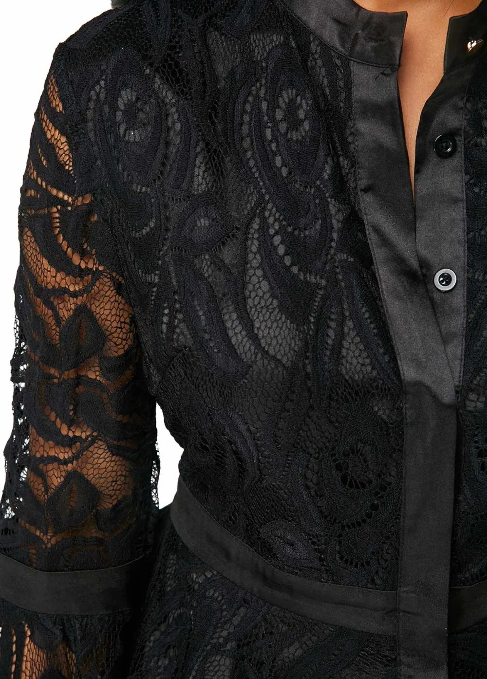 Горячая Распродажа, Женская кружевная рубашка, весна-лето, модная черная Лоскутная кружевная Сексуальная Блузка с расклешенными рукавами, рубашка размера плюс, одежда