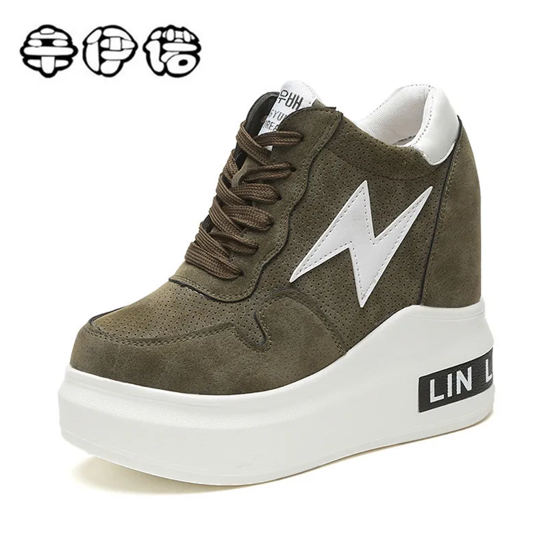 

2018 Hidden Wedge High Heels 12cm Fashion Women's Increased Internal Casual Shoes For Women Platform Heels Black Army Green Grey