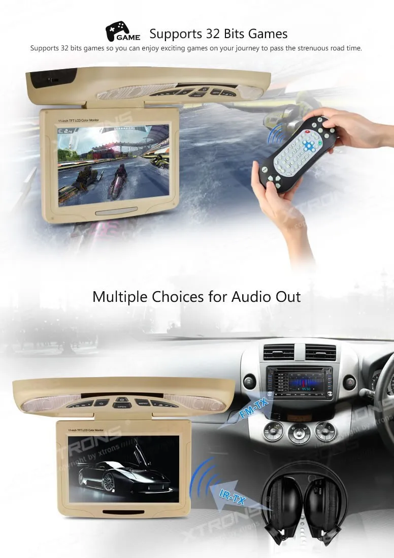 Flash Deal XTRONS Beige11.3"Digital car Monitor Flip down Car Roof DVD Player Overhead car Ceiling Monitor USB FM Game Disc +2 IR Headphone 5