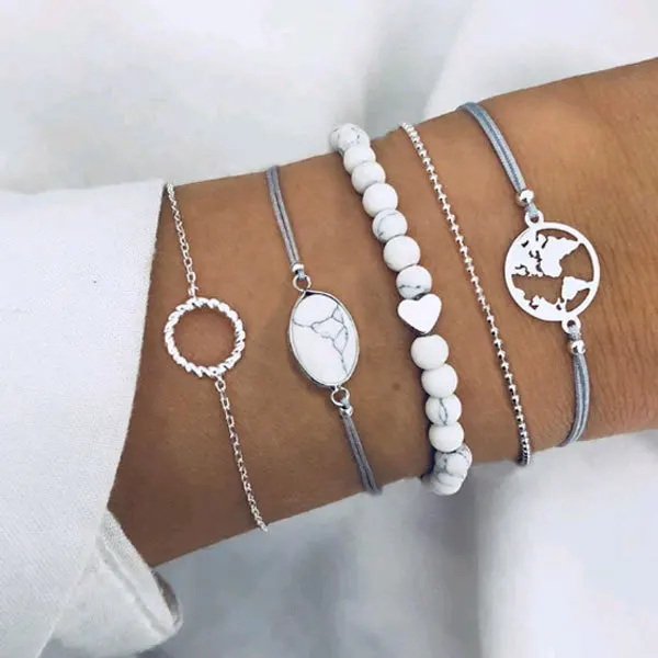 

5Pcs/Set New Fashion Bracelet Europe and America Simple Temperament Hollow World Map Beaded Bracelet Set