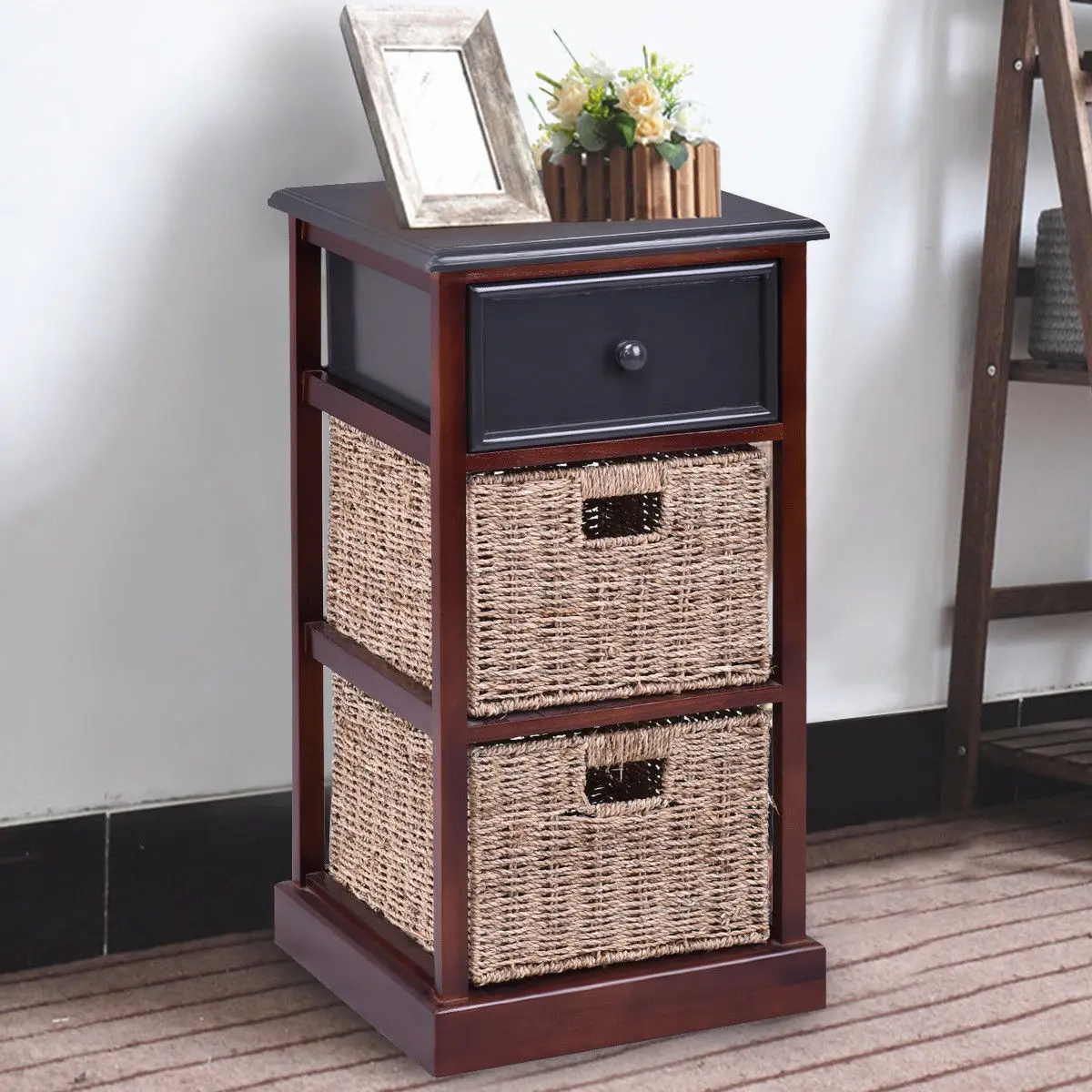 Giantex 3 Tiers Wood Nightstand with 1 Drawer 2 Baskets Modern Bedside End Table Organizer Brown Bedroom Furniture HW56724 Giantex 3 Tiers Wood Nightstand with 1 Drawer 2 Baskets Modern Bedside End Table Organizer Brown Bedroom Furniture HW56724