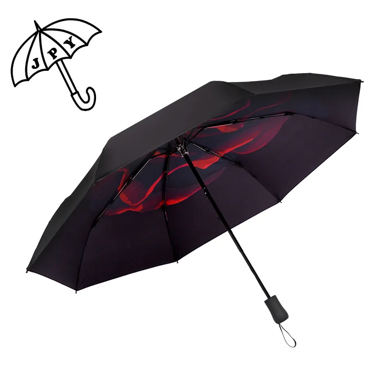 

Red and White Rose Sun Umbrella 3 Folding Black Coating Umbrella Fashion Parasol Women Rain Umbrella Guarda Chuva Paraguas
