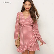 Lossky/женское платье в горошек с длинным рукавом, мини-платья, короткое сексуальное платье с v-образным вырезом и оборками, Осеннее Повседневное платье