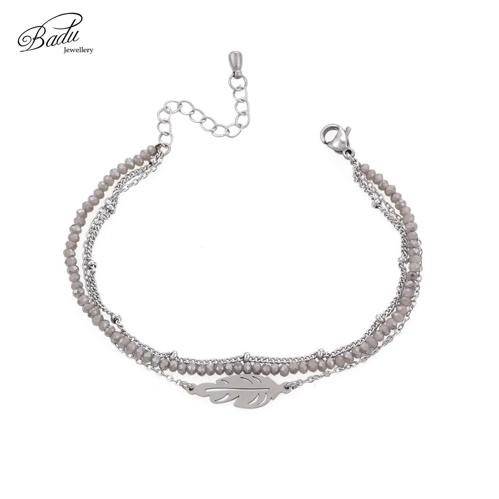 

Badu 3 Layered Chain Bracelet for Women Stainless Steel Leaf Pendant Bracelets Crystal Beads Delicate Party Jewelry Wholesale