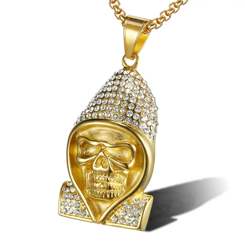 Хип-хоп рэпер стиль скелет подвески из черепа ожерелья золотистого цвета 316L нержавеющая сталь Bling Iced Out мужские ювелирные изделия - Окраска металла: Gold