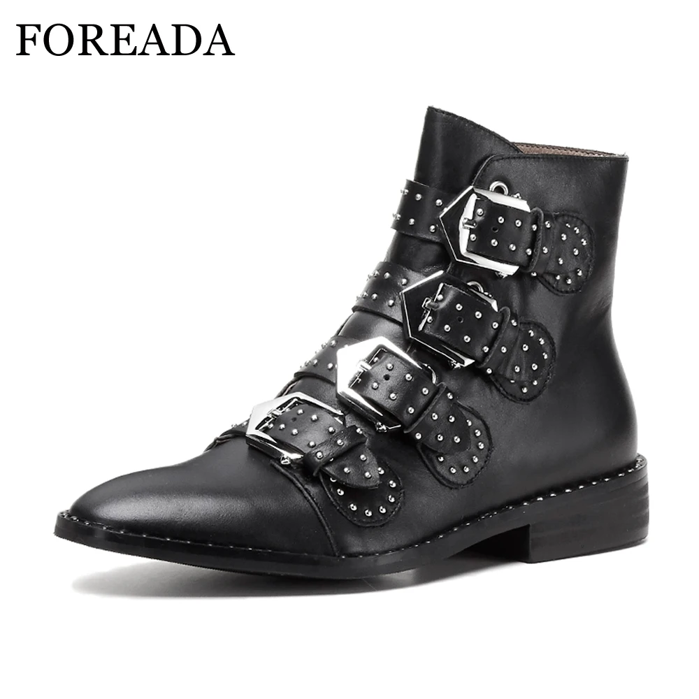 

FOREADA Genuine Leather Boots Rivets Boots Buckle Straps Square Heel Natural Leather Motorcycle Boots Female Footwear White 43