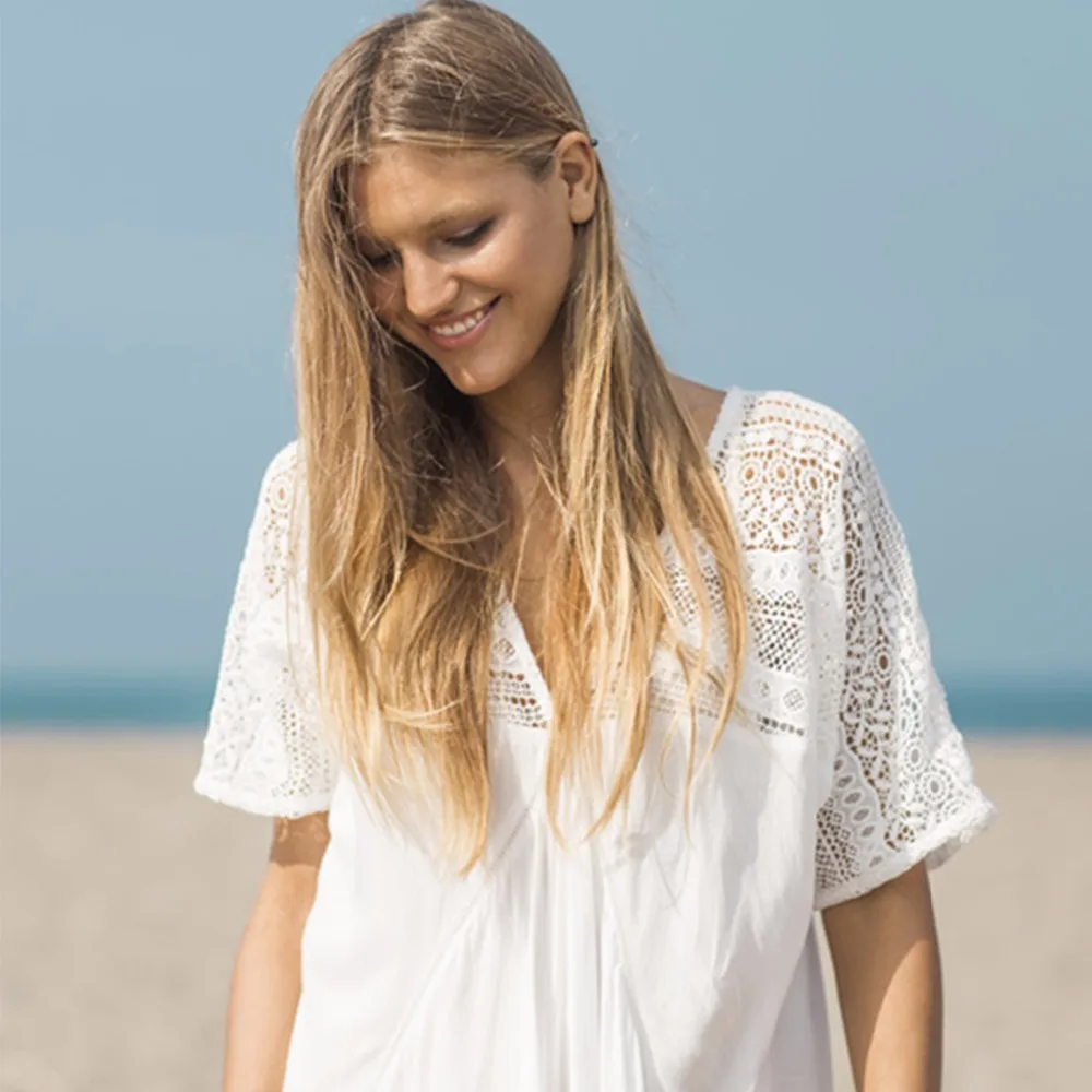 Casual White shirt For Women V Neck A-Line Lace KimonoPatchwork Short Summer BeachCover Up Swimwear Output Ladies Saida De Praia Blouses