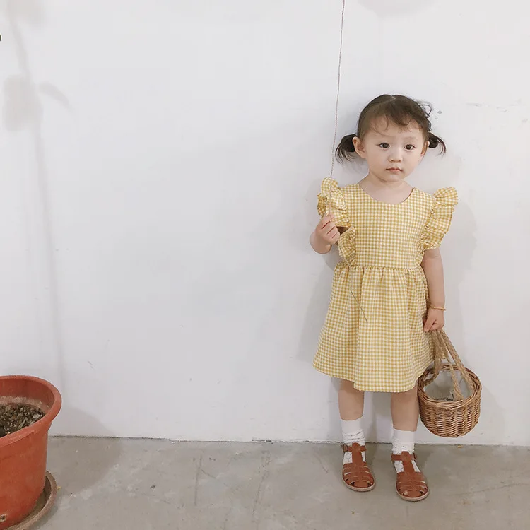 

Girl Flying Sleeve Princess Dress Children and Babies with Plaid Short Sleeve Cotton Casual Kids Clothing Toddler Bowtie Dresses