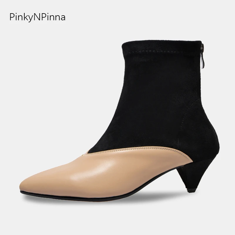 

2019 autumn new designer runway style women ankle boots pointed toe cowhide upper stretchy flock booties spike kitten heels