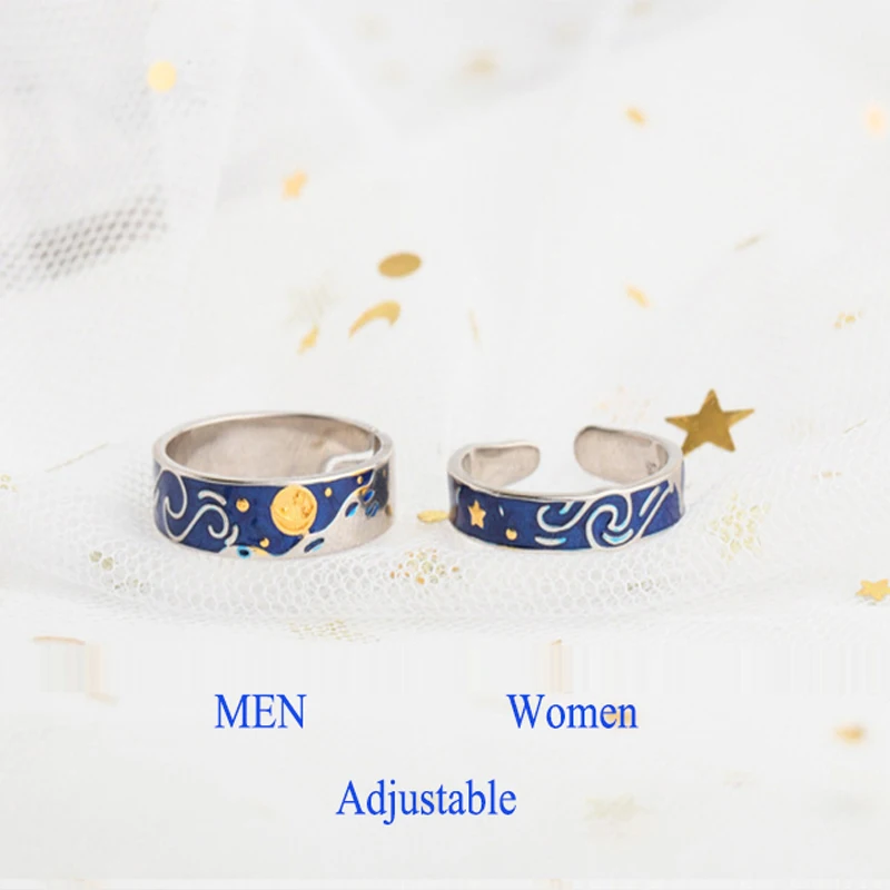 size Qevila Van Gogh Starry Sky Open Lovers Rings For Women Men Romantic Valentine's Day Gift Real 100% 925 Sterling Silver Jewelry  (1)