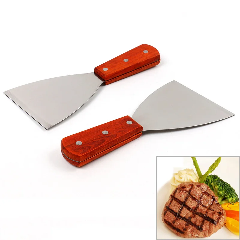 Stainless Steel Blade Grill Slant Edge Scraper Wooden Handle Food