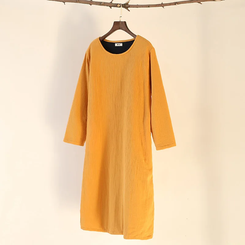 

Solid O-neck Long sleeve Women Mid Long Dress Autumn Winter Thick Warm Cotton Dress Loose Casual Vintage Brand Robe Femme C087