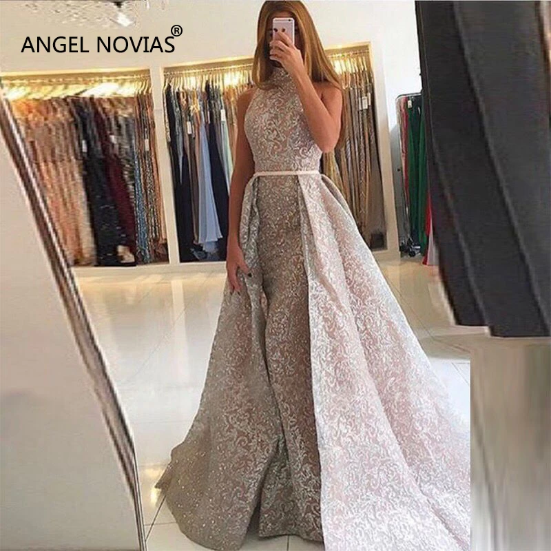 

ANGEL NOVIAS Long Glitter Abendkleider High Neck Arabic Evening Dress 2018 With Detachable Skirt Vestido Sirena Largo Prom Dress